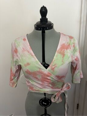 Fabletics Pink & Mint Tie-Dye Wrap Crop Top
